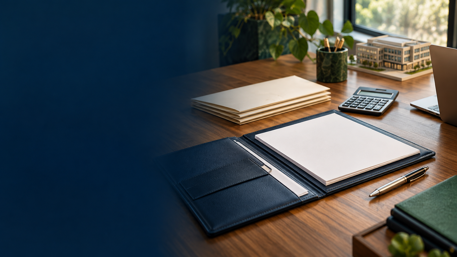 Organized business planning desk with a document folder, calculator, and commercial building model