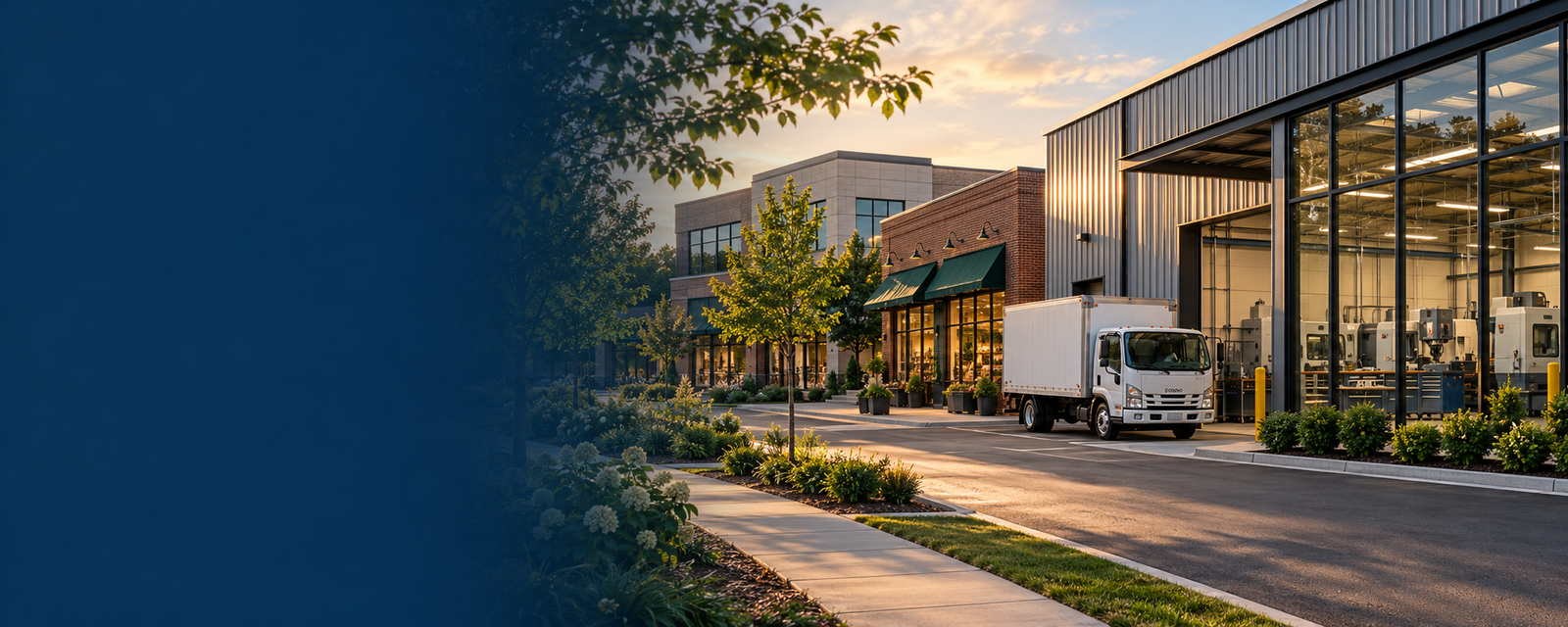 Midwest business campus with a manufacturing facility, storefront, office building, and delivery truck