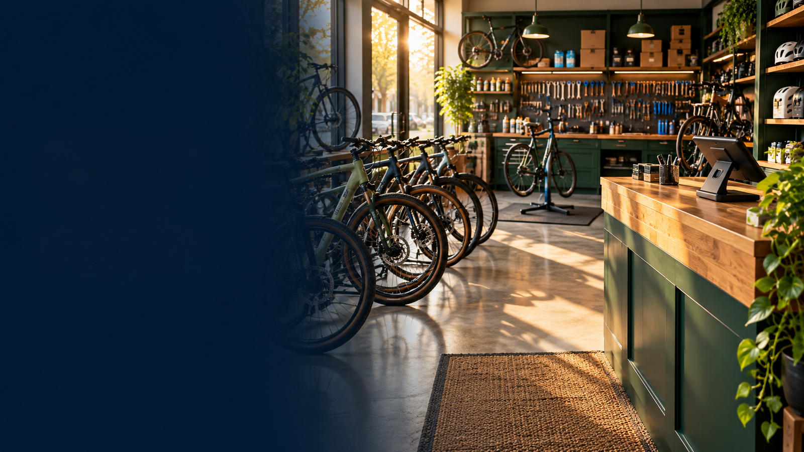 Bicycle shop with stocked inventory and a service counter