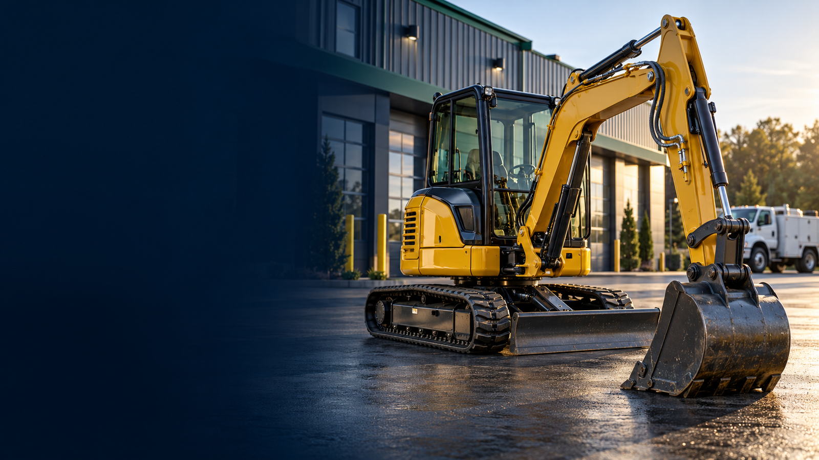 Excavator outside a modern equipment facility