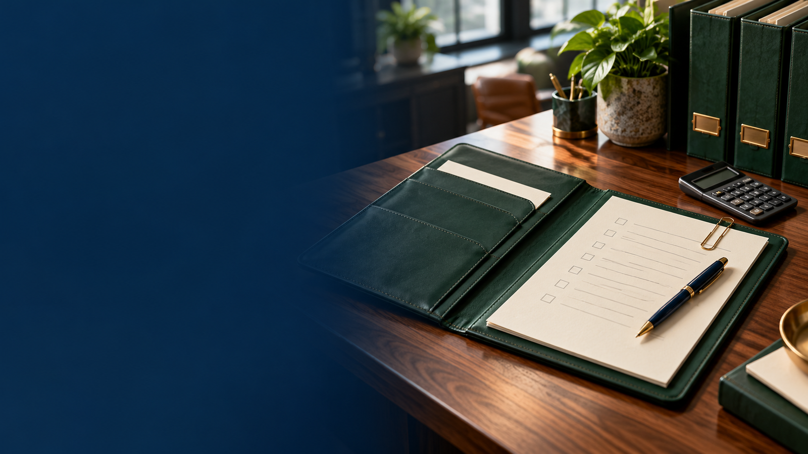 An organized document folio, checklist and calculator on a business desk